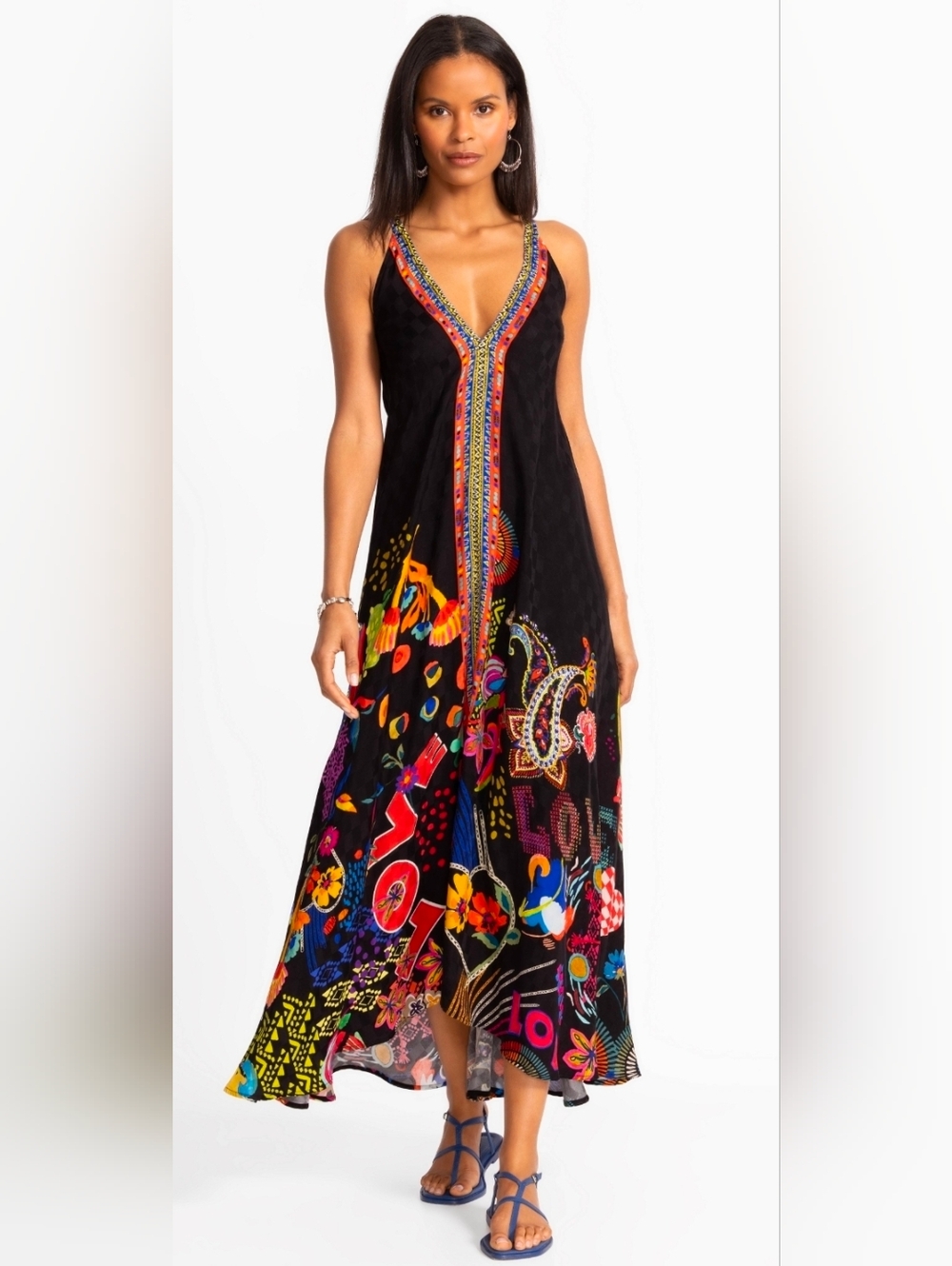 Johnny Was Eva Love Dress Maxi Bohemian V-Neck, Black Multicolor Print S - Picture 2 of 13